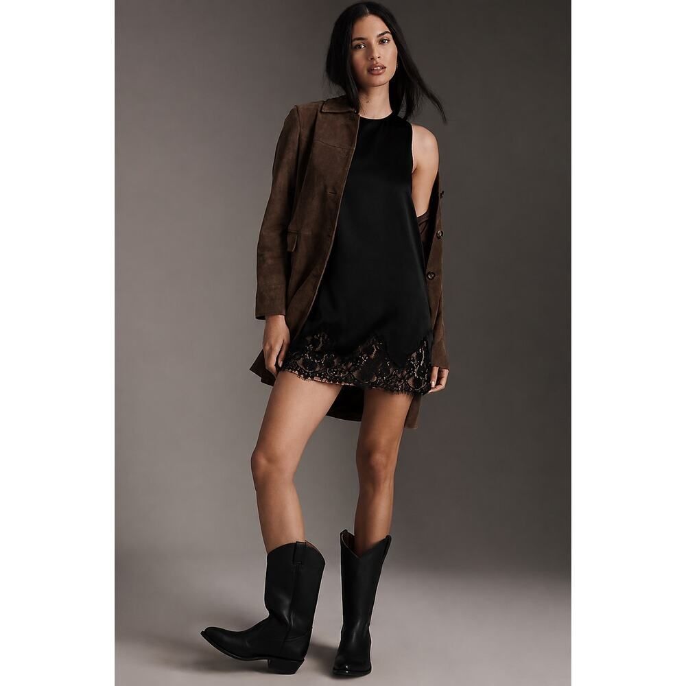 Reformation Jessalyn Silk Dress Black Lace Hem Mini Dress M NWT